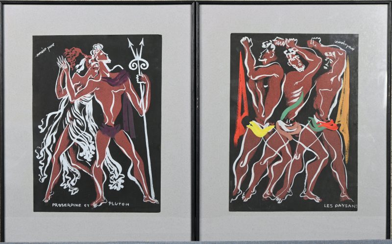 ‘Les Paysans’ & ‘Prosperine et Pluton’ ingekleurde drukken, jaren 40, in de stijl van Cocteau.