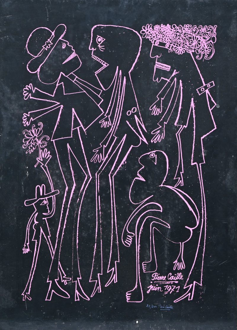 “Personages”. Lijntekening in roze op paneel. Gesigneerd en gedateerd 1971. Nummer 22/200.