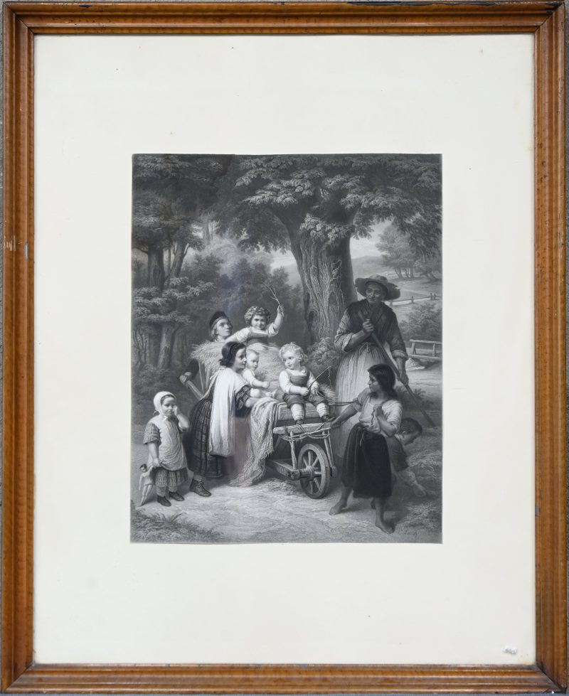 “Kinderen met een kruiwagen”. Gravure. Gesigneerd binnen de plaat.
