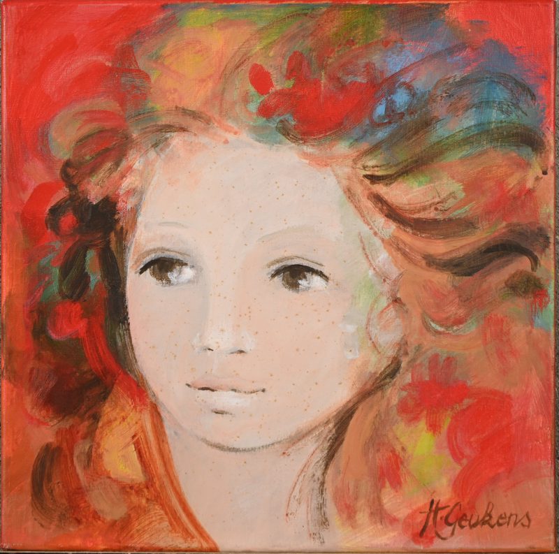 “Meisjesportret”. Olieverf op doek. Gesigneerd.