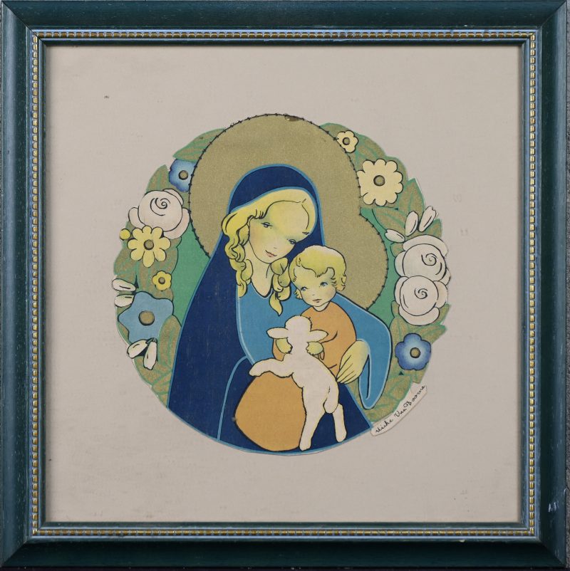 “Moeder en kind met lammetje”. Gesigneerd.