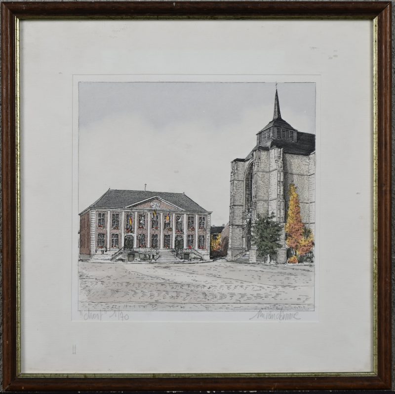 “Stadsplein”. Gravure. Gesigneerd buiten de plaat.