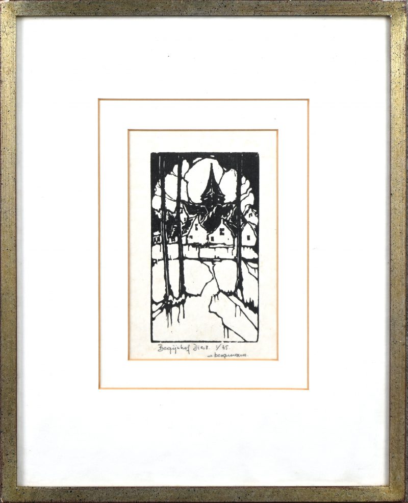 “Begijnhof Diest”. Linosnede. Gesigneerd en genummerd 1/85 buiten de plaat.