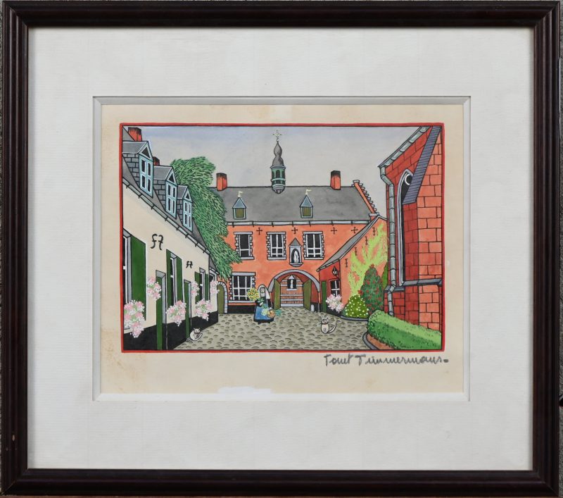 “Begijnhof”. Linosnede. Gemengde techniek. Gesigneerd.