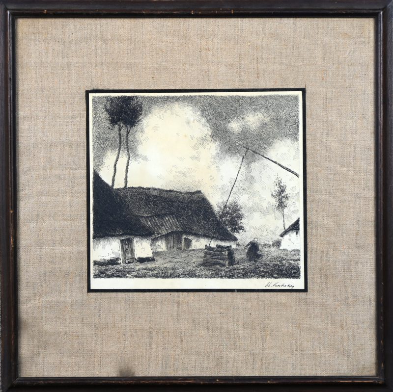 “Kempense hoeve”. Gravure. Gesigneerd buiten de plaat.