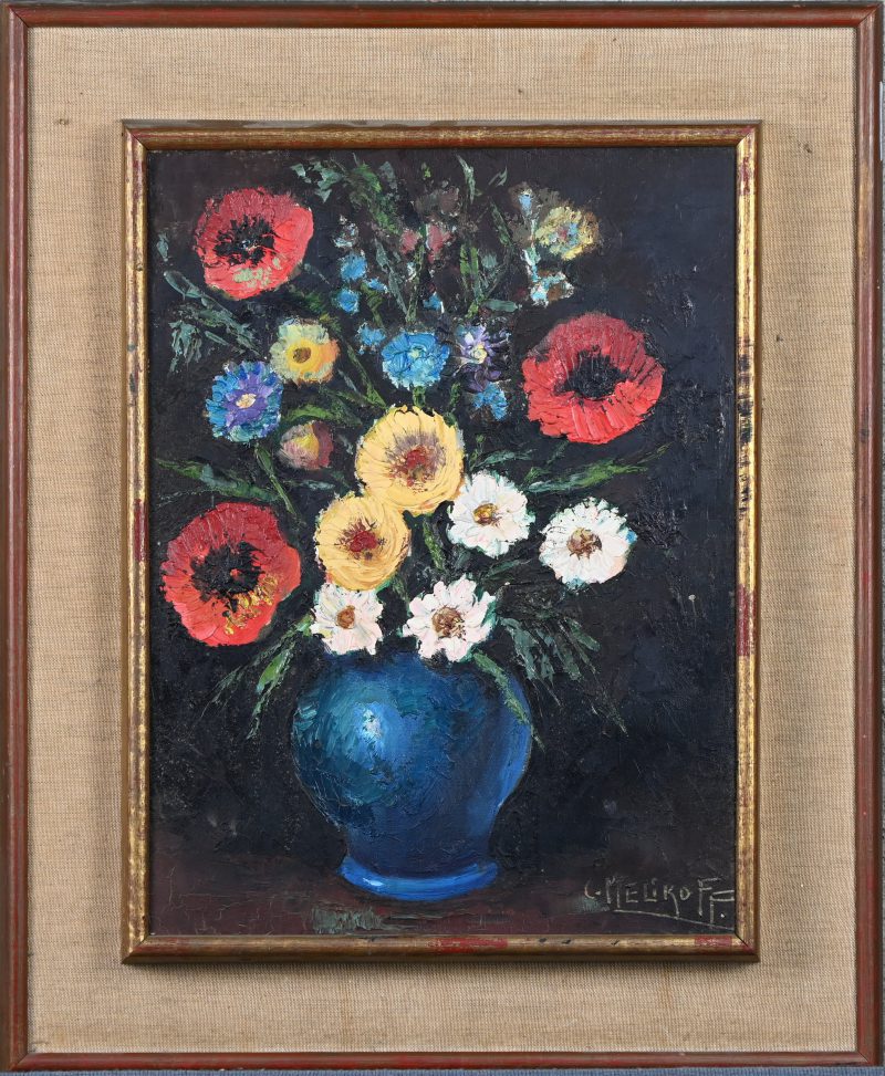 “Bloemenvaas“. Olieverf op doek. Gesigneerd.