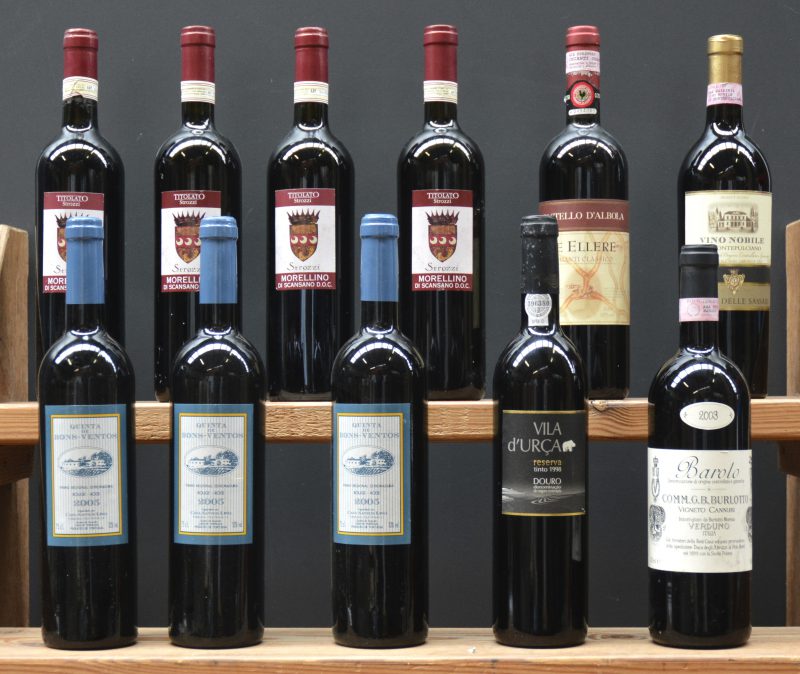Lot rode wijn        aantal: 11 bt    Quinta de Bons-Ventos Vinho Regional Estremadura  Casa Santos Lima M.O.  2005  aantal: 3 bt    Vila d’Urça Reserva DOC Douro  Caves de Murça M.O.  1998  aantal: 1 bt    Barolo D.O.C.G.  Comm. G.B. Burlotto, Verduno M.O.  2003  aantal: 1 bt    Le Ellere Chianti Classico D.O.C.G.  Castello D’Albola, Zonin M.O.  2001  aantal: 1 bt    Vino Nobile di Montepulciano D.O.C.G.  Loggia delle Sassaie M.O.  2003  aantal: 1 bt    Morellino di Scansano D.O.C.  Titolato Strozzi, San Gimignano M.O.  2005  aantal: 4 bt