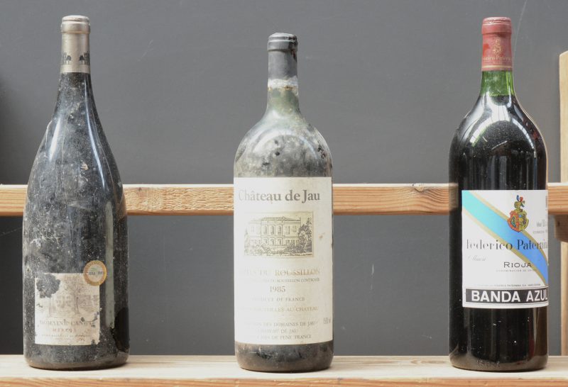 Lot rode wijn        aantal: 3 Mag.    Dom. du Canet Merlot    M.O.    aantal: 1 Mag.    Ch. de Jau A.C. Côtes du Roussillon   M.C.  1985  aantal: 1 Mag.    Rioja Banda Azul D.O.  Federico Paternina, Ollauri M.O.  1986  aantal: 1 Mag.