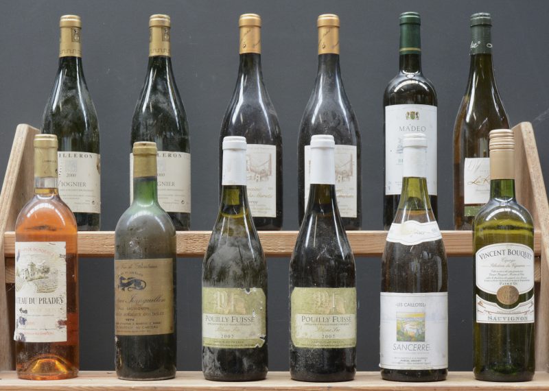 Lot witte wijn    .    aantal: 12 bt    Vouvray demi-sec A.C.  Dom. Le Peu de la Moriette M.O.  1993  aantal: 2 bt    Viognier V.D.P. des Collines Rhodaniennes  Cuilleron M.O.  2000  aantal: 2 bt    Ma’deo A.C. Bergerac Sec  Christian Begue & Nathalie Barraud, Pécharmant M.O.  2012  aantal: 1 bt    Sauvignon VdP du Jardin de la France  Dom. de la Renaudie M.O.  2009  aantal: 1 bt    Pouilly-Fuissé A.C.  Delhaize M.B.  2007  aantal: 2 bt    Sancerre A.C.  Pascal Jolivet M.P.  1990  aantal: 1 bt    Sauvignon I.G.P. Pays d’Oc  Vincent Bouquet M.O.  2010  aantal: 1 bt    Ch. du Pradey A.C. Sainte-Croix-du-Mont   M.C.  1995  aantal: 1 bt    Ch. Jeanguillon A.C. Bordeaux   M.C.  1974  aantal: 1 bt
