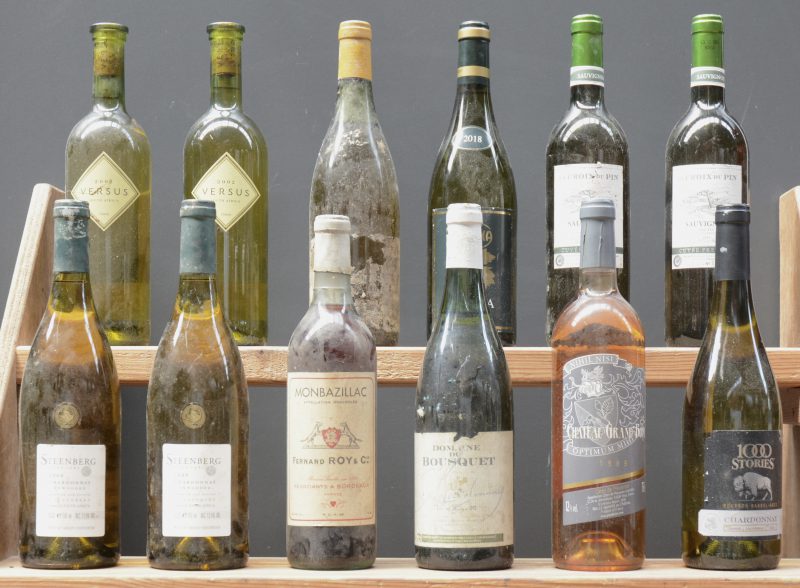 Lot witte wijn        aantal: 12 bt    Witte wijn met restanten van etiket        aantal: 1 bt    Elena Johanniter   Vigna/ Belgische Wijn M.O.  2018  aantal: 1 bt    Sauvignon La Croix du Pin I.G.P. Pays d’Oc  Les Celliers de Haute-Croix M.O.  2011  aantal: 2 bt    Versus Western Cape  Stellenbosch Vineyards M.O.  2002  aantal: 2 bt    Steenberg Chardonnay Unwooded W.O. Constantia   M.O.  2000  aantal: 2 bt    Dom. du Bousquet Chardonnay V.D.P. d’Oc   M.O.    aantal: 1 bt    Monbazillac A.C.  Fernand Roy & Co, Bordeaux     aantal: 1 bt    Ch. Grand Boisé A.C. Côtes de Provence   M.O.  1999  aantal: 1 bt    1000 Stories Chardonnay Bourbon Barrel Aged California   M.O.  2021  aantal: 1 bt