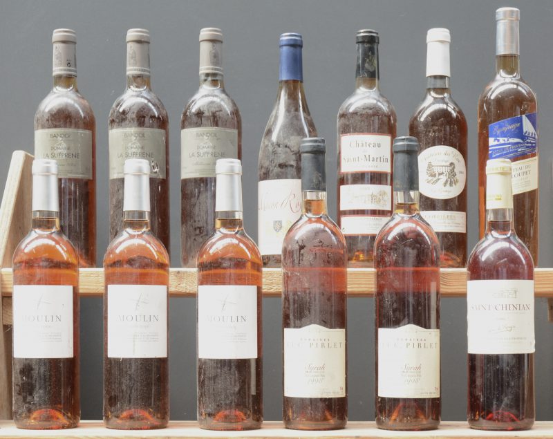 Lot rosé        aantal: 13 bt    Saint-Chinian A.C.  Les Vignerons de Puisserguier M.P.  2005  aantal: 1 bt    Le Moulin A.C. Languedoc  Charles Cros M.P.  2012  aantal: 3 bt    Syrah V.D.P. d’Oc  Dom. Luc Pirlet M.O.  1998  aantal: 2 bt    Dom. La Suffrene A.C. Bandol   M.O.  2004  aantal: 3 bt    Mâcon Rosé A.C.  Vignerons des Grandes Vignes M.O.  2005  aantal: 1 bt    Ch. de Saint-Martin A.C. Côtes de Provence   M.C.  2005  aantal: 1 bt    Ch. du Roc Prestige La Grange A.C. Corbières   M.C.  2004  aantal: 1 bt    Ch. du Galoupet A.C. Côtes de Provence   M.C.  2010  aantal: 1 bt