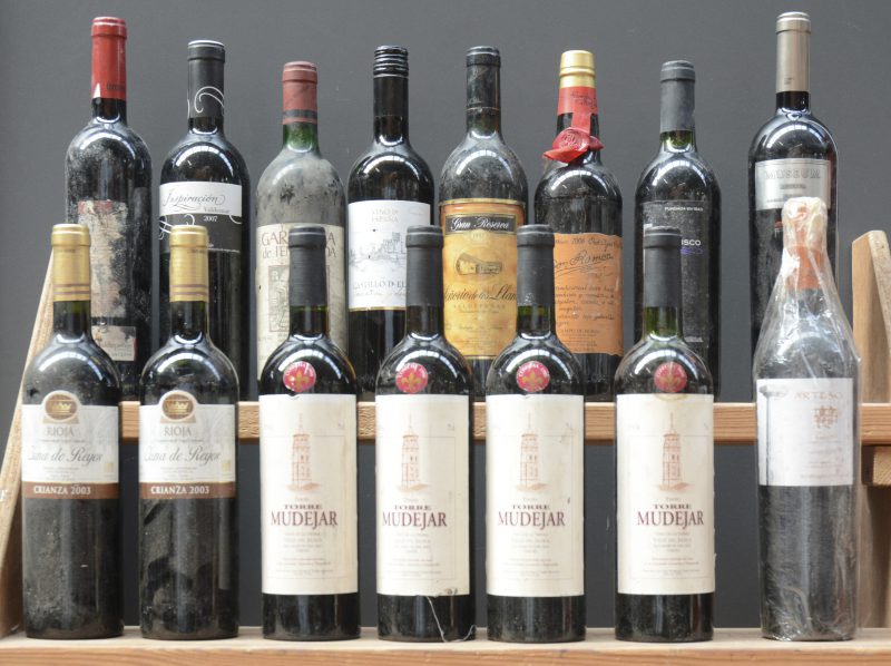 Lot rode wijn        aantal: 15 bt    Torre Mudejar Garnatcha y Tempranillo Vino de la Tierra Valle del Jiloca   M.O.  1998  aantal: 4 bt    Cuna de Reyes Rioja Crianza D.O.C.   M.O.  2003  aantal: 2 bt    Arteso Rioja Crianza D.O.C.   M.O.  2007  aantal: 1 bt    Valdepeñas met beschadigd etiket D.O.C.   M.O.  2012  aantal: 1 bt    Señorio de los Llanos Gran Reserva D.O. Valdepeñas   M.O.  1997  aantal: 1 bt    Inspiraciòn Valdemar Rioja D.O.C.   M.O.  2007  aantal: 1 bt    Garnatxa de l’Emporda Gran Reserva D.O.C.   M.O.    aantal: 1 bt    Castillo d’Elaro Vino de España  Bodegas Millenium M.O.    aantal: 1 bt    Don Ramòn D.O. Campo de Borja  Bodegas Aregonas M.O.  2006  aantal: 1 bt    Oblisco Vino de Mesa Tinto   Bodegas Lopez Morenas M.O.    aantal: 1 bt    Museum Reserva D.O. Cigales  Finca Museum M.O.  2009  aantal: 1 bt