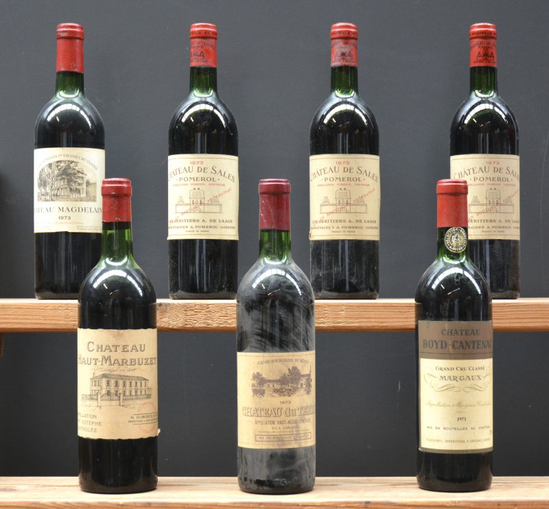 Lot rode bordeaux      1973  aantal: 7 bt base neck à top shoulder   Ch. de Sales A.C. Pomerol   M.C.  1973  aantal: 3 bt    Ch. Magdelaine A.C. St-Emilion 1e grand cru classé   M.C  1973  aantal: 1 bt    Ch. du Terrey A.C. Haut-Médoc Cru bourgeois  M.C  1973  aantal: 1 bt    Ch. Haut-Marbuzet A.C. St-Estèphe   M.C  1973  aantal: 1 bt    Ch. Boyd-Cantenac A.C. Margaux 3e grand cru classé  M.C  1973  aantal: 1 bt