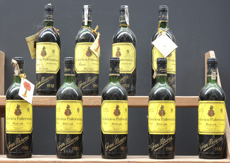 Lot rode wijn        aantal: 9 bt    Rioja Gran Reserva D.O.  Federico Paternina, Ollauri M.O.  1978  aantal: 4 bt    Rioja Gran Reserva D.O.  Federico Paternina, Ollauri M.O.  1980  aantal: 5 bt