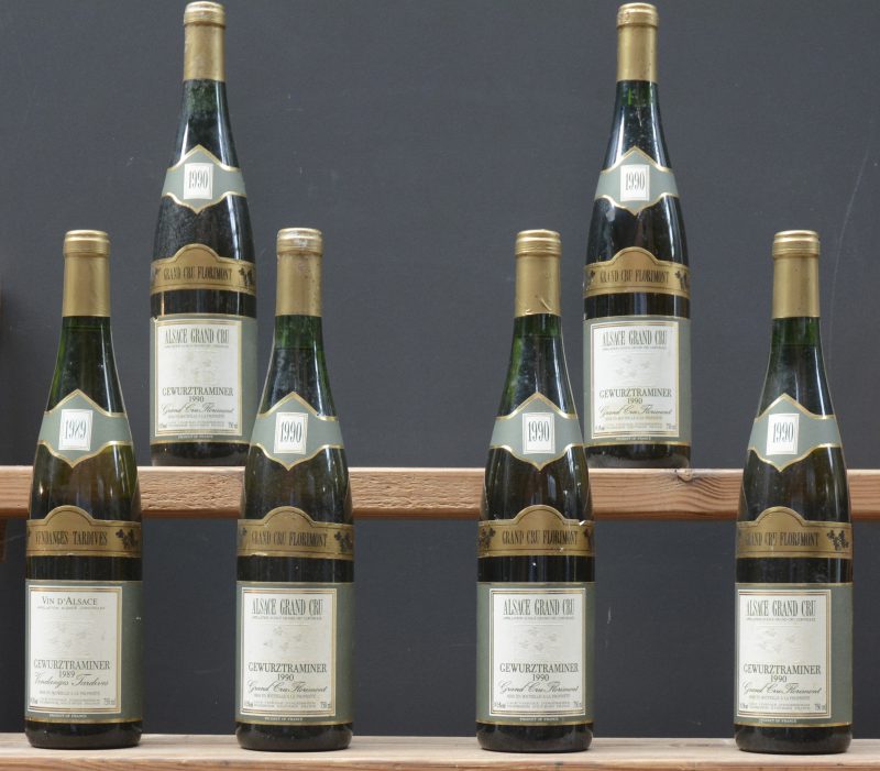 Lot witte wijn        aantal: 6 bt    Gewürztraminer Vendanges Tardives A.C. Alsace  Cave Vinicole d’Ingersheim M.P.  1989  aantal: 1 bt    Gewürztraminer Vendanges Tardives A.C. Alsace  Cave Vinicole d’Ingersheim M.P.  1990  aantal: 5 bt