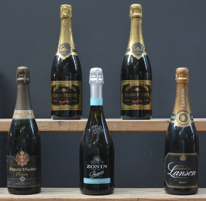 Lot schuimwijn      0  aantal: 5 bt    Champagne Brut   Lanson, Reims M.O.    aantal: 1 bt    Champagne Brut   Baron-Fuenté, Charly M.O.    aantal: 2 bt    Segura Viudas Reserva Cava Semi-Seco   M.O.    aantal: 1 bt    Prosecco Brut Cuvée 1821 D.O.C.  Zonin, Gambellara M.O.    aantal: 1 bt