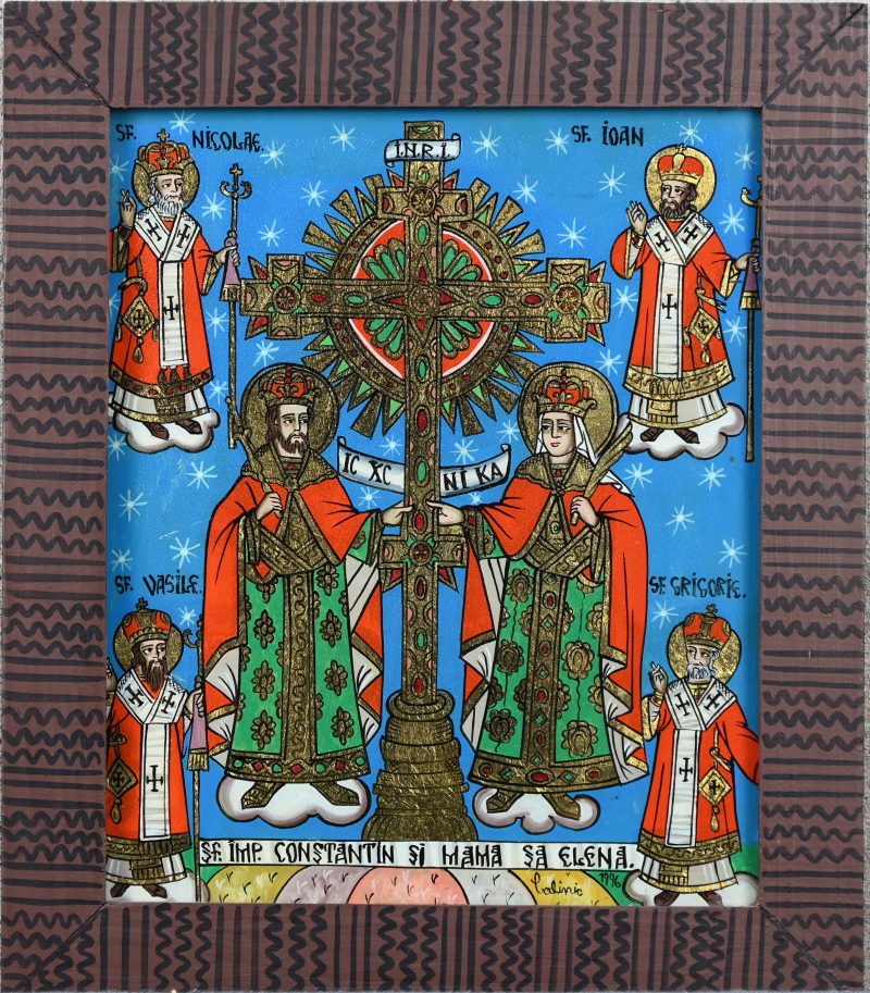 Een moderne icoon met Keizer Constantin en Ste Helena, omringd door diverse heiligen. Gesigneerd Calicic en gedateerd 1996.
