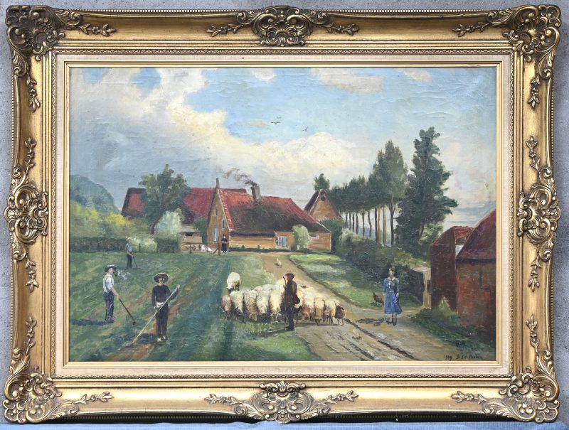 “Zicht op Neerland, Wilrijk”, een schilderij, olieverf op doek, gesigneerd B. De Poorter en gedateerd 1949. Toegevoegd een boekje over de kunstenaar.