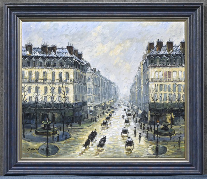 Stadszicht. Impressionistisch zich op de straten van Parijs. Getekend J. Laubrier.