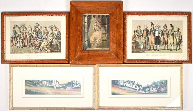 Een lot van vijf kleine kadertjes. Binnenmaten; 15/30, 17/23 en 18.5/14.5 cm.