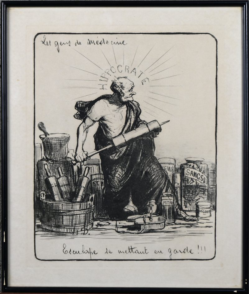 ‘Hippocrate, Les gens de medecine’, een monochrome lithografie met de Griekse wijsgeer tussen zijn medisch materiaal. Draagt een monogram; H. D.