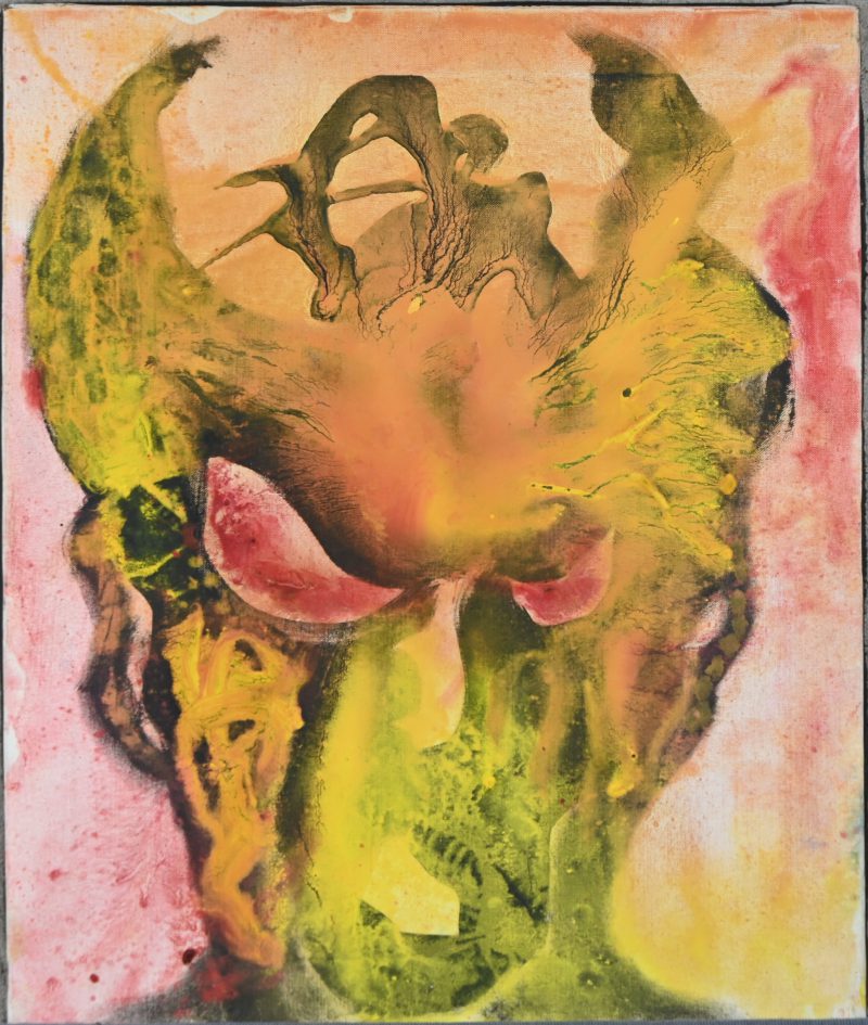 ‘Duivels portret’. Acryl op doek, niet getekend.