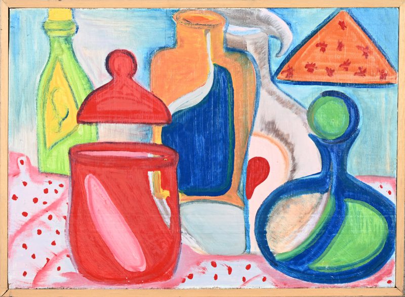 ‘Stilleven met flessen’. Kleurrijk art brut schilderij op paneel. Niet getekend.