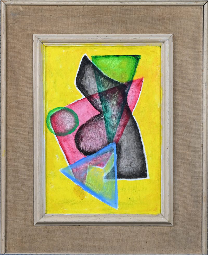 Kleurrijk abstract kubistisch schilderijtje. Olie op paneel, niet getekend.