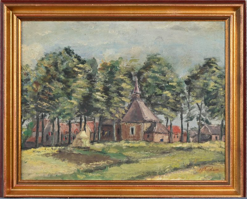 Landschap met huizen en bomenrij. Olieverf op paneel, getekend A. V. Osselaer.