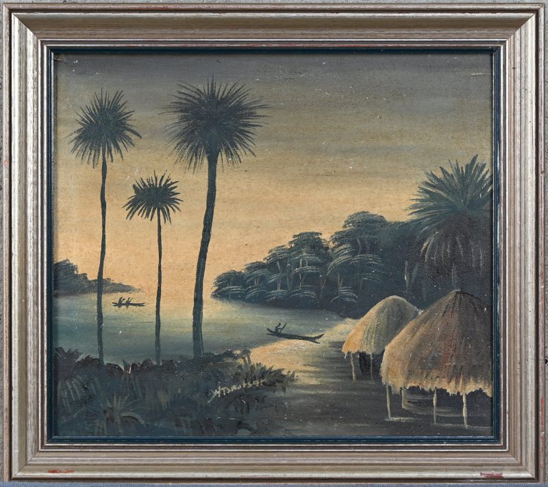 Kano’s op de rivier. Acryl op doek. Onleesbaar getekend.