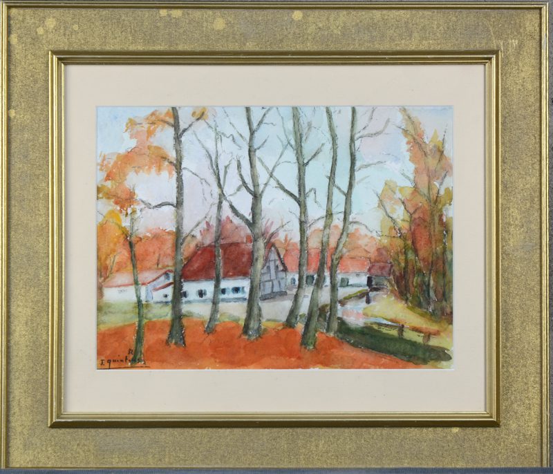 ‘Hoeve’. Aquarel in herfsttonen, getekend; J. Quintens. ‘82.