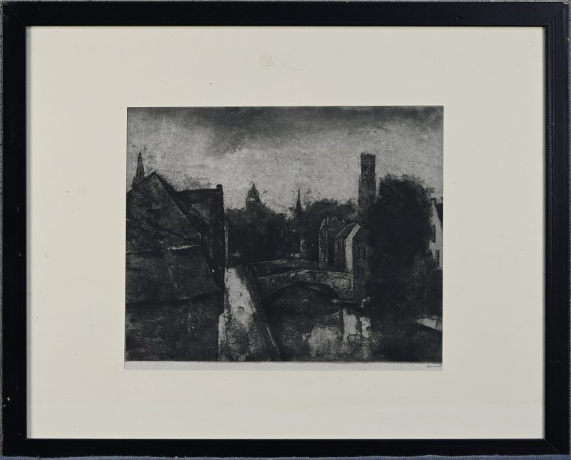 ‘Stadszicht’. Monochrome ets/aquatint. Onleesbaar getekend buiten de plaat.