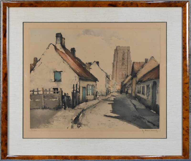 ‘Dorpszicht’. Kleurenets/aquatint, getekend; R. Hebbelinck. Nr. 275 uit een oplage van 350 exemplaren.
