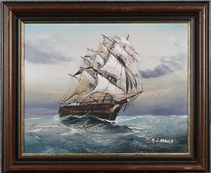 ‘Driemaster op ruwe zee’. Olie op doek getekend J. Arnold.