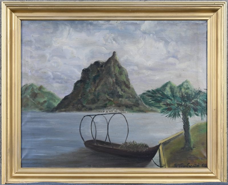 Sampan met lading, aangemeerd. Art-brut, olie op doek getekend Van Gastel, ‘62.