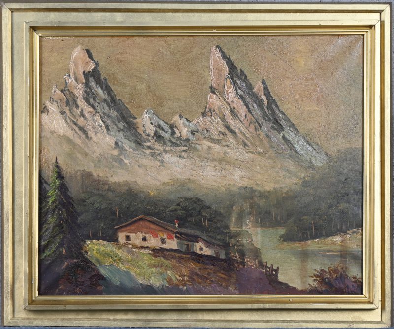 Berglandschap met chalet. Olie op doek, in de stijl van Bob Ross. Niet getekend.