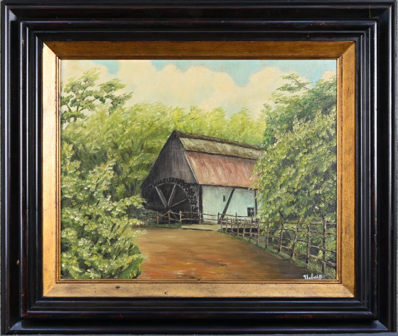 ‘Watermolen’. Art Brut. Olie op doek, getekend.