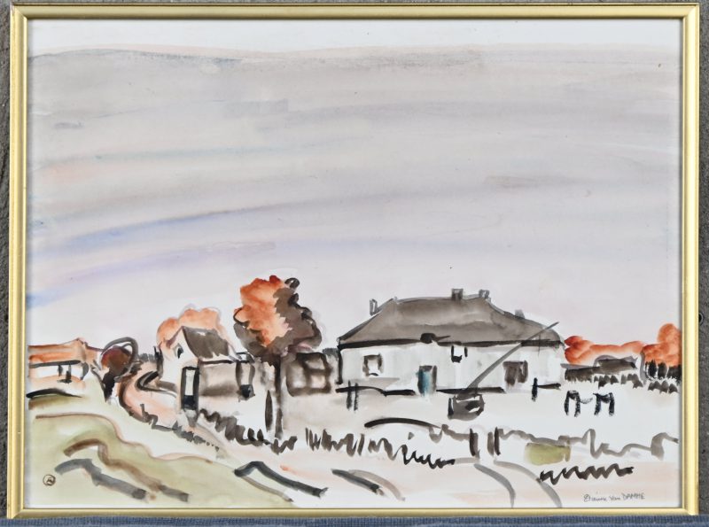 Boerderij met waterput. Aquarel, getekend; Etienne Van Damme.