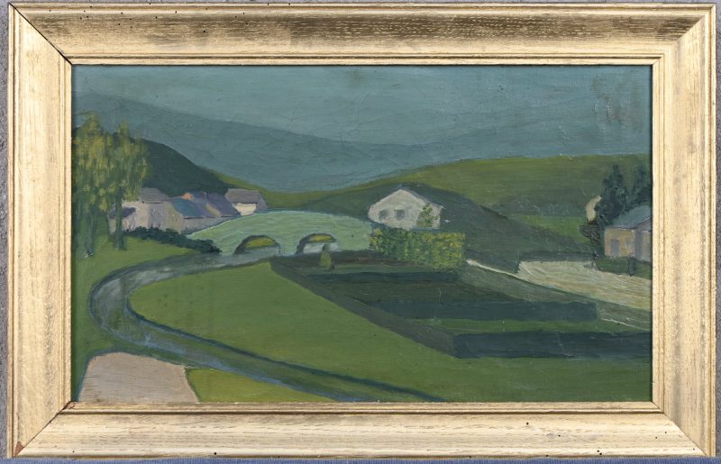 Landschap in groentinten. Art brut olieverschilderijtje. Niet getekend.