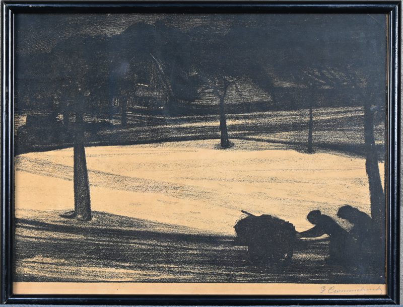 Somber winterlandschap. Monochrome lithografie, getekend G. Crommelynck.