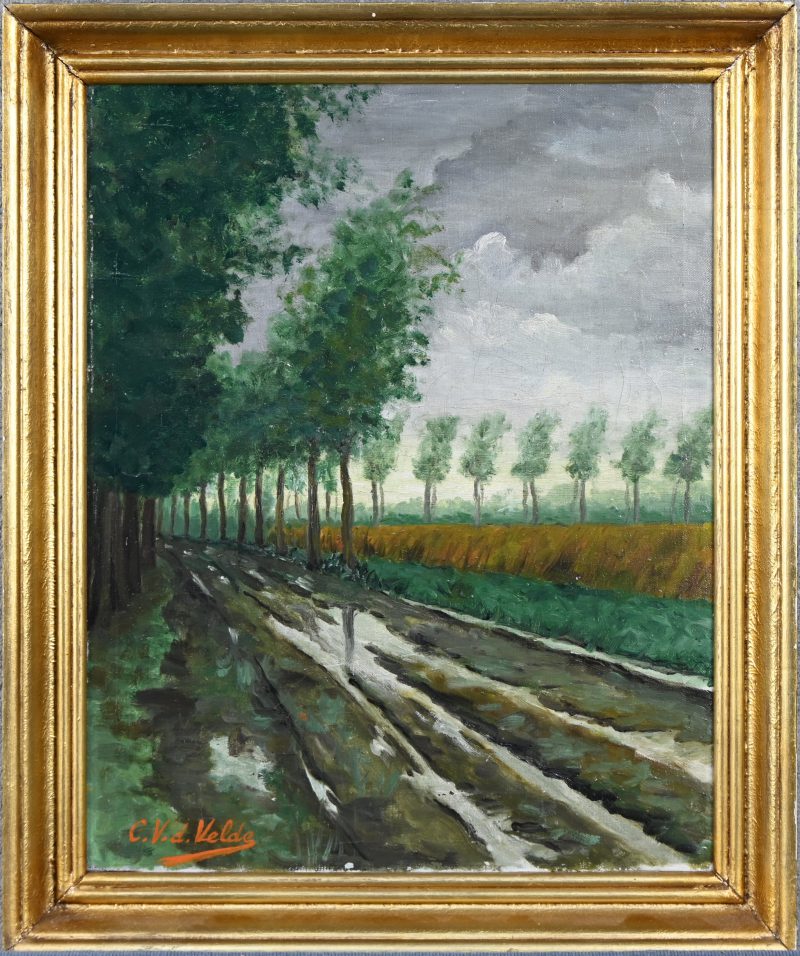Landweg bij stormweer. Olieverf op doek getekend; C.V.D. Velde.