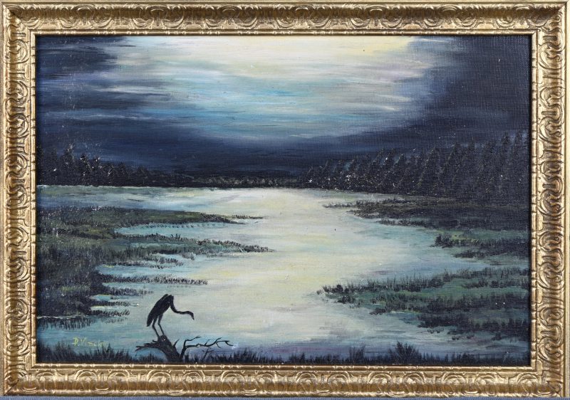 ‘Aalscholver op wacht’. Olieverf op paneel. Getekend; P. Vincke.