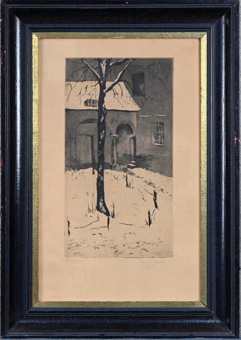Winterzicht. Monochrome ets/aquatint. Onleesbaar getekend.