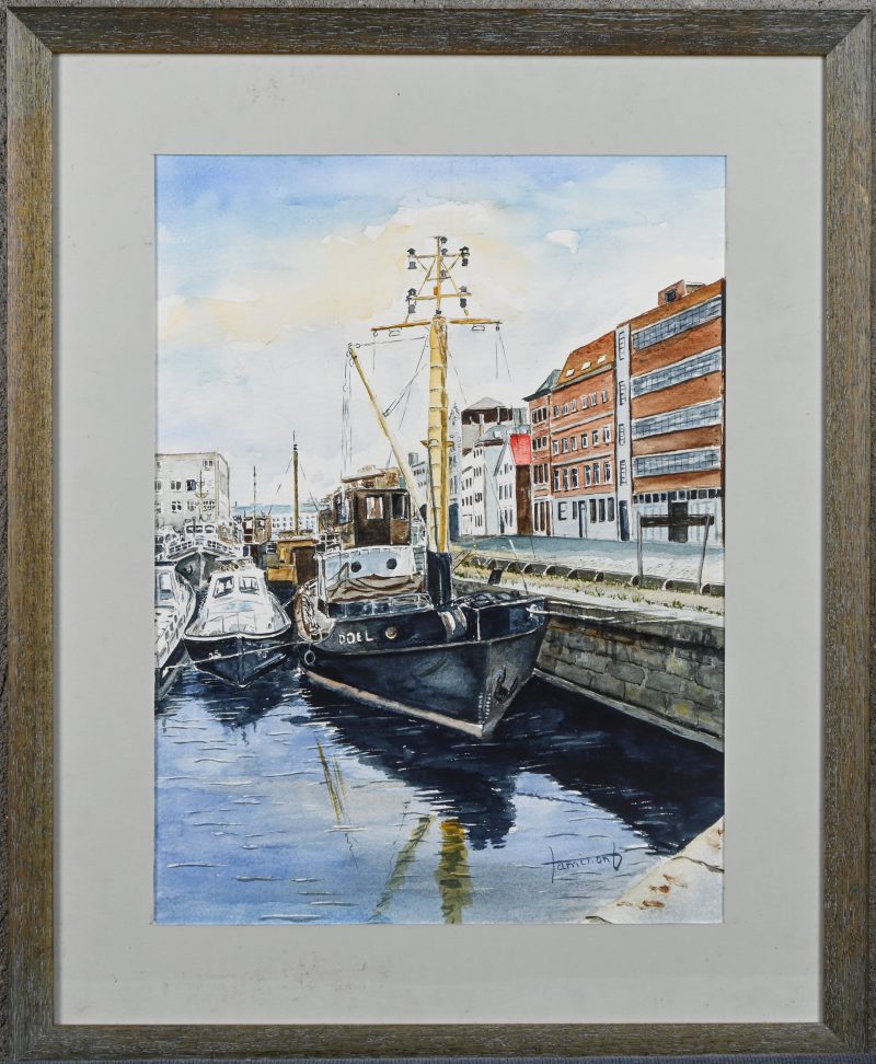 “Antwerpse binnenhaven Napoleonkaai”. Aquarel op papier. Gesigneerd.