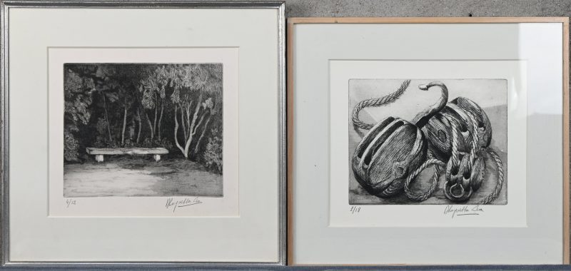 Een paar gravures. “Takels” en “Bankje”. Resp. Genummerd 2/18 en 4/12 en gesigneerd buiten de plaat.