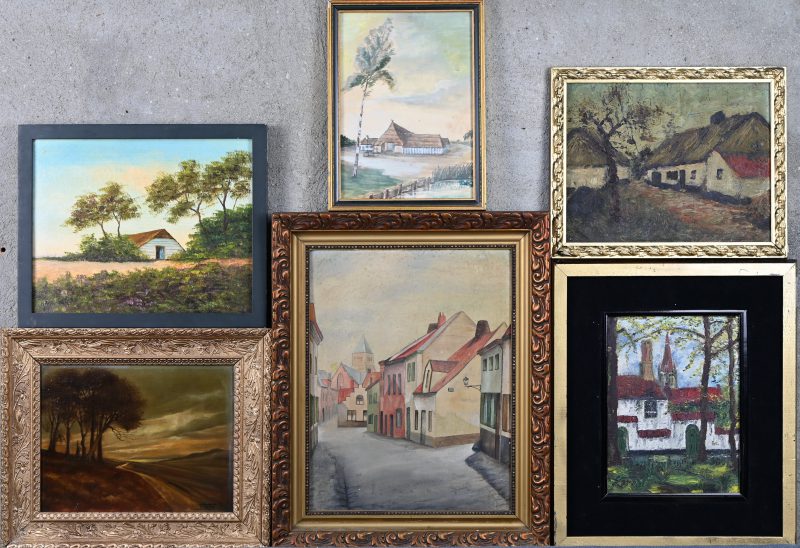 Zes diverse landschappen, hoevezichten, stadszichten op doek, op paneel en één in aquarel door A. Van Osselaer.