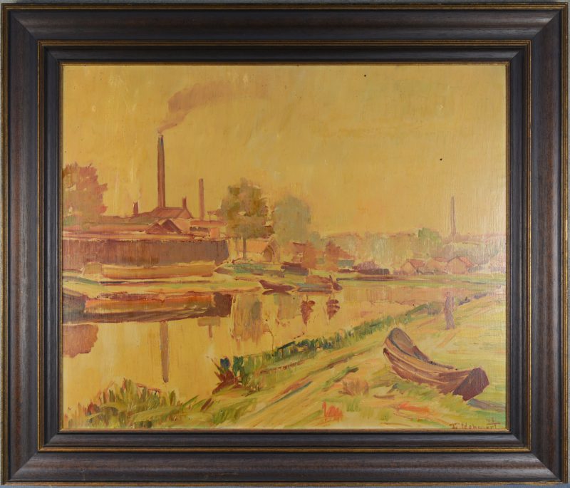 “Kanaalbuurt met sloep”. Olieverf op paneel. Gesigneerd en gedateerd 1949/