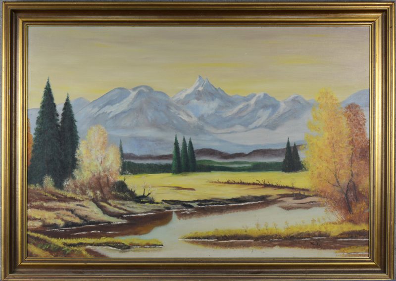 “Alpenvallei in de herfst”. Olieverf op doek. Gesigneerd.