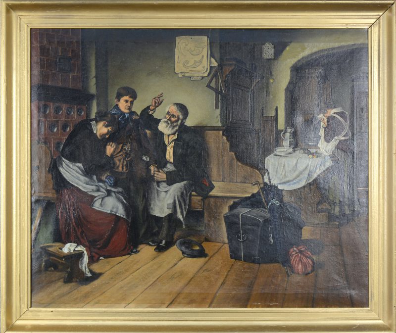 “Het vertrek”. Olieverf op doek. Gesigneerd. Kleine herstelling.