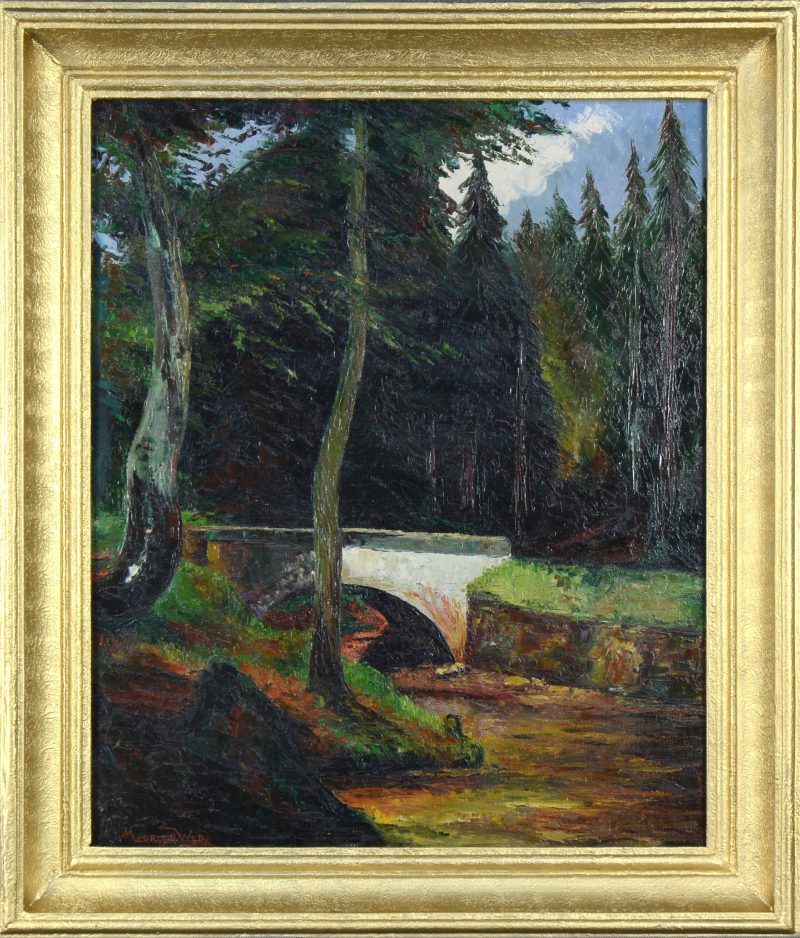 “Bruggetje in het bos”. Olieverf op doek. Gesigneerd.